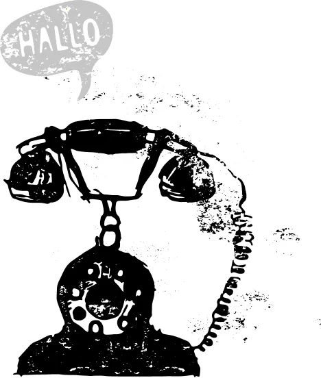Ein Retrotelefon mit einer Sprechblase mit "Hallo" aus dem Hörer in Stempeloptik