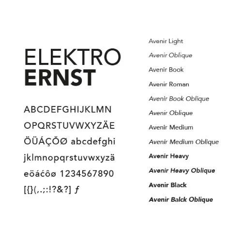 Typographien von Elektro Ernst mit Beispielbuchstaben
