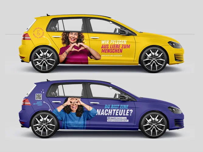 Autobeklebung eines gelben und lilanen Autos mit der Leitidee des Pflegedienst Meyer & Kartzsch