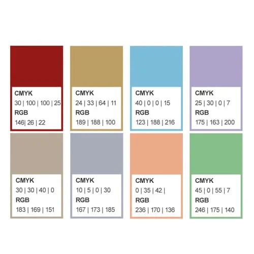 Die acht Farbcodes für die CI-Farben von Schlossgut Oberambach: Rot, Gold, Blau, Lila, Ocker, Grau, Lachs, Grün