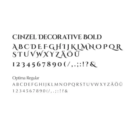 Die zwei Typographien vom Schlossgut Oberambach mit Beispiele für jeden Buchstaben