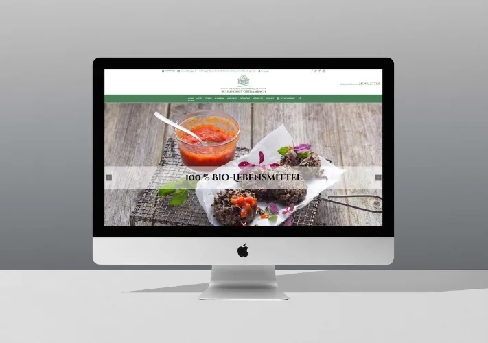 Die Website vom Schlossgut Oberambach über die Lebensmittel im Hotel am Desktop